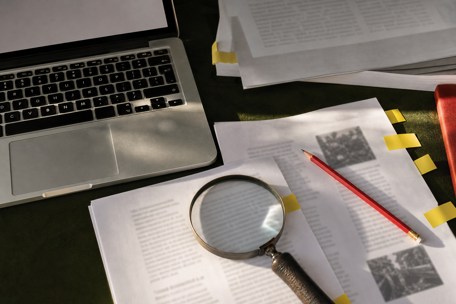 Laptop, onleesbare bronpagina's, vergrootglas en rood potlood op een donkere werktafel