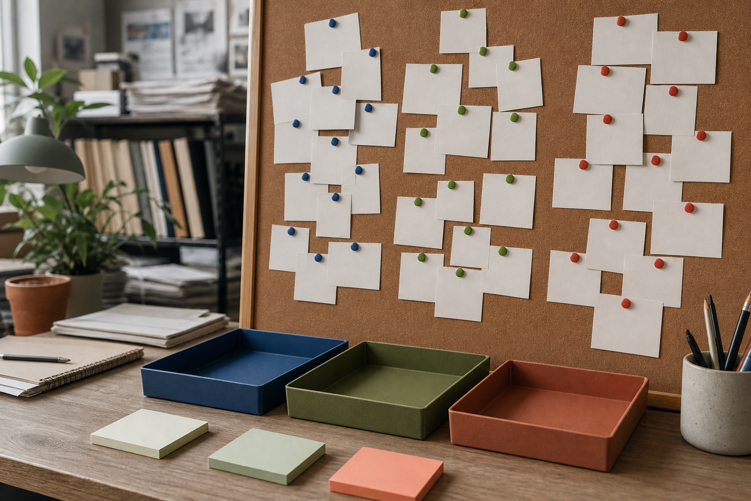 Prikbord met lege feedbackkaarten en drie gekleurde sorteerbakken in een redactiehoek